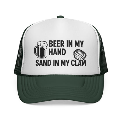 Dark Green Beer in My Hand, Sand in My Clam Hat, black mug and clam print, front view of the printed panel