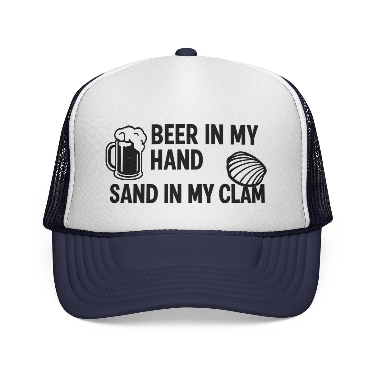 Dark Navy Beer in My Hand, Sand in My Clam Hat, black mug and clam print, front view of the printed panel