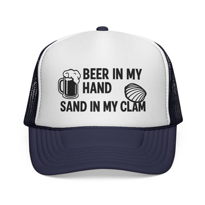 Dark Navy Beer in My Hand, Sand in My Clam Hat, black mug and clam print, front view of the printed panel