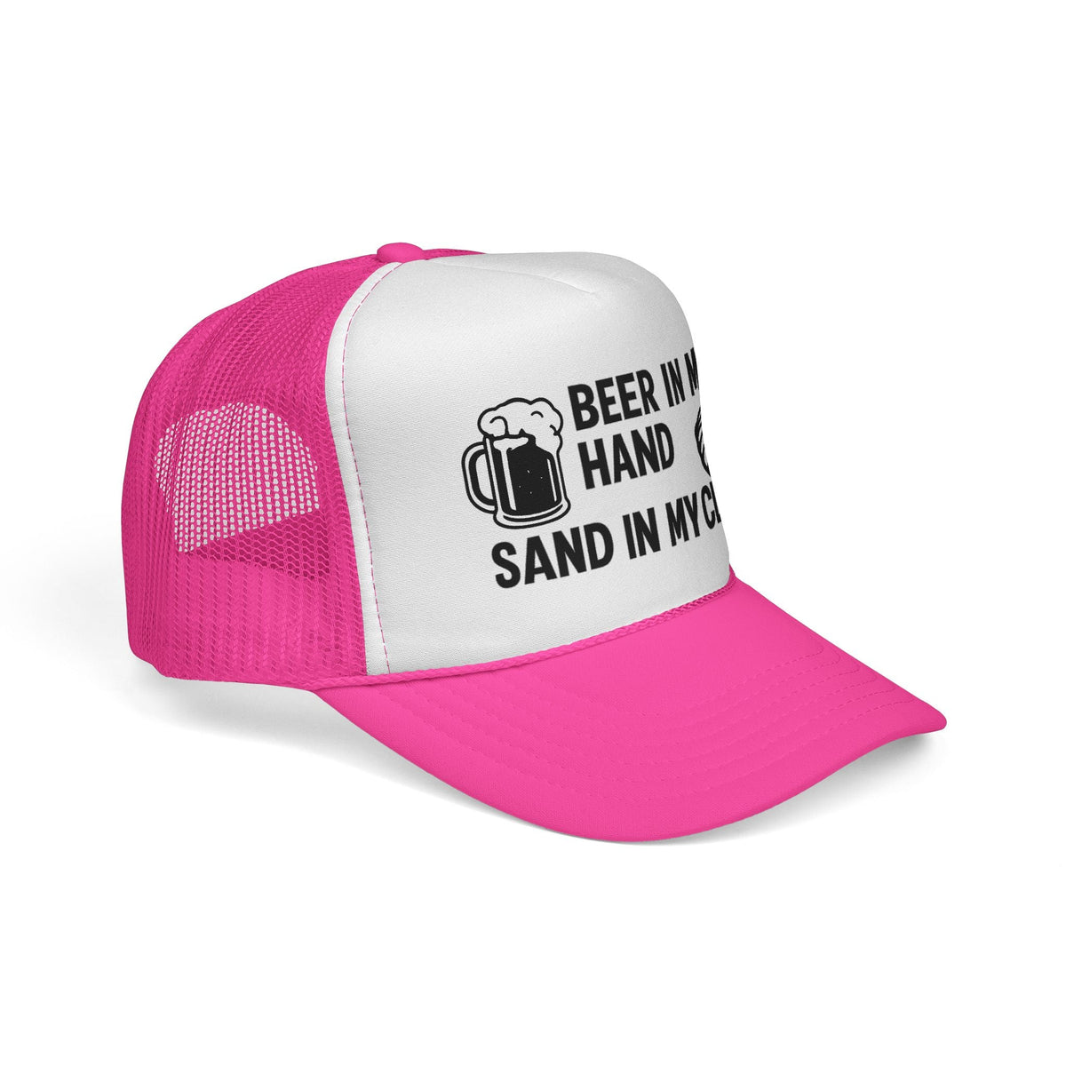 Pink Beer in My Hand, Sand in My Clam Hat, black mug and clam print, side view showing the curved brim