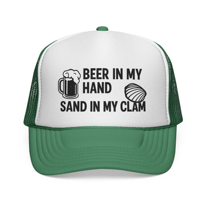 Green Beer in My Hand, Sand in My Clam Hat, black mug and clam print, front view of the printed panel