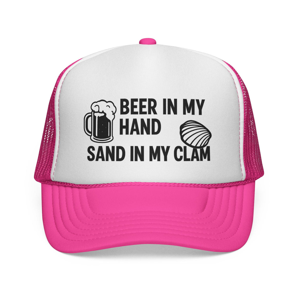 Pink Beer in My Hand, Sand in My Clam Hat, black mug and clam print, front view of the printed panel