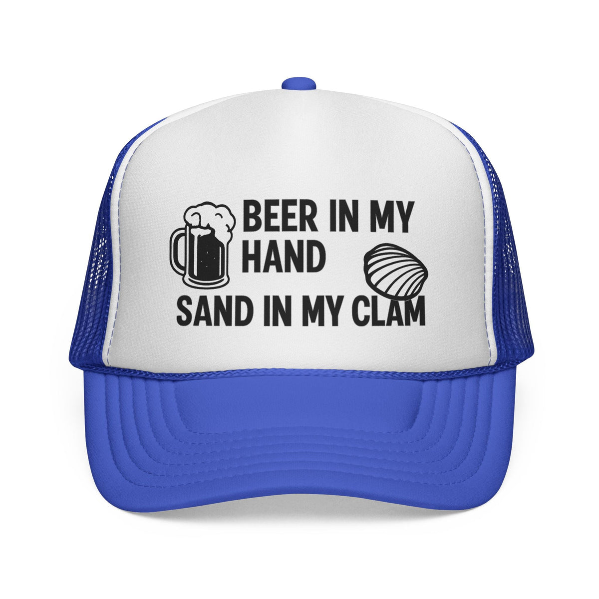 Royal Beer in My Hand, Sand in My Clam Hat, black mug and clam print, front view of the printed panel