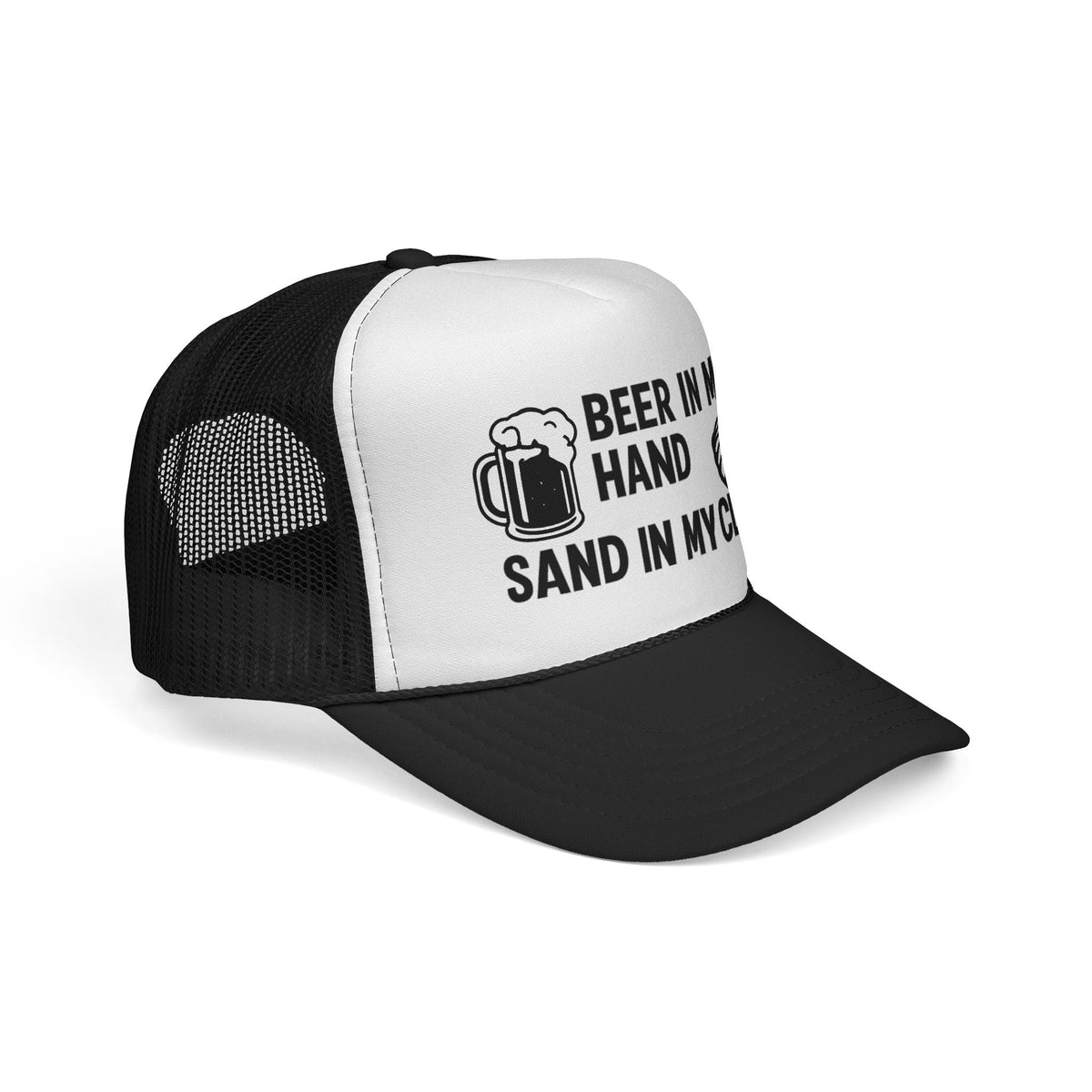 Black Beer in My Hand, Sand in My Clam Hat, black mug and clam print, side view showing the curved brim