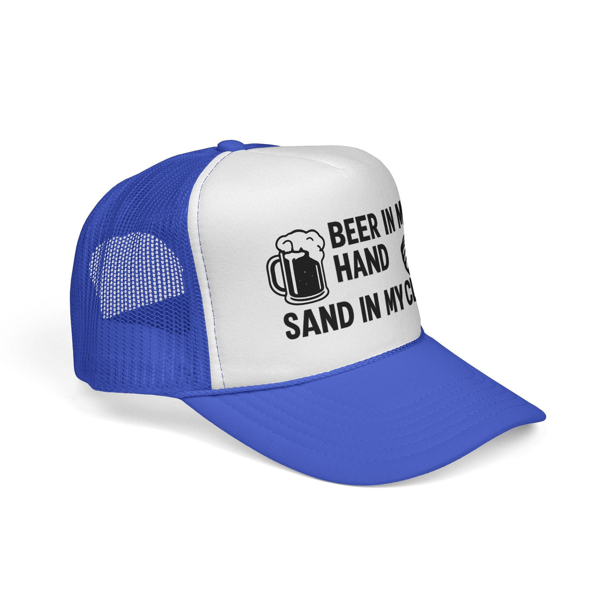 Royal Beer in My Hand, Sand in My Clam Hat, black mug and clam print, side view showing the curved brim