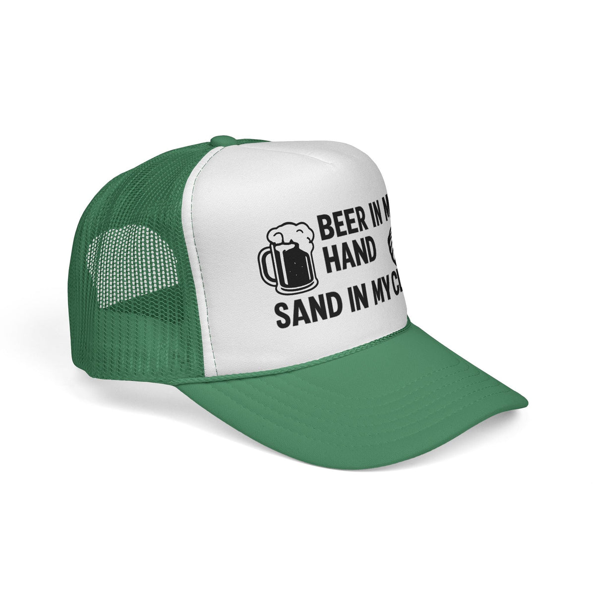Green Beer in My Hand, Sand in My Clam Hat, black mug and clam print, side view showing the curved brim