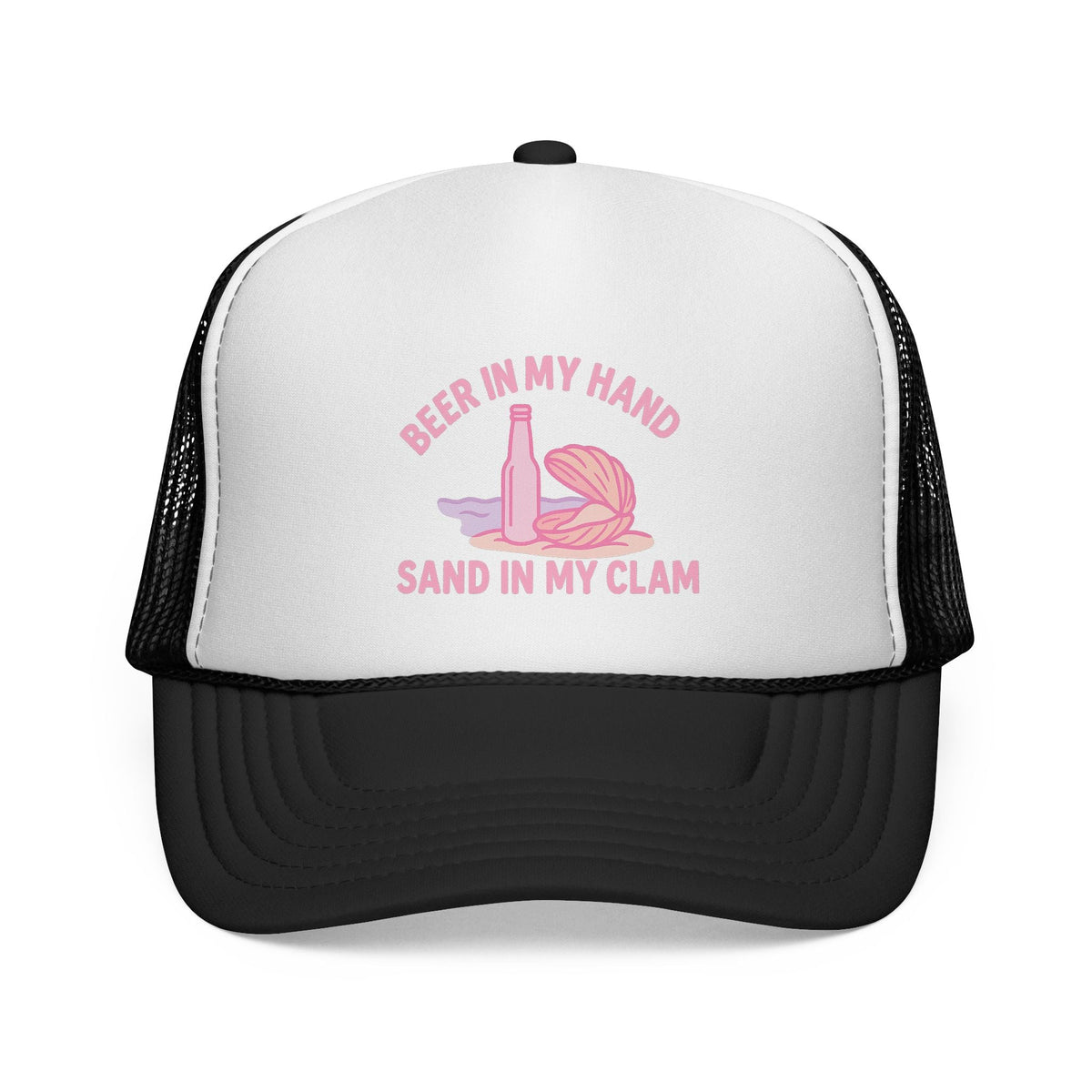 Black Beer in My Hand, Sand in My Clam Hat, pink bottle and clam shell print, front view of the printed panel