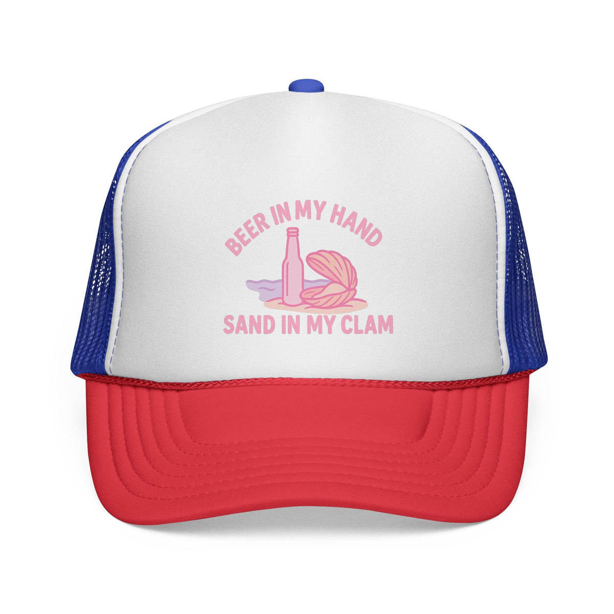 Blue and Red Beer in My Hand, Sand in My Clam Hat, pink bottle and clam shell print, front view of the printed panel