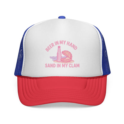 Blue and Red Beer in My Hand, Sand in My Clam Hat, pink bottle and clam shell print, front view of the printed panel