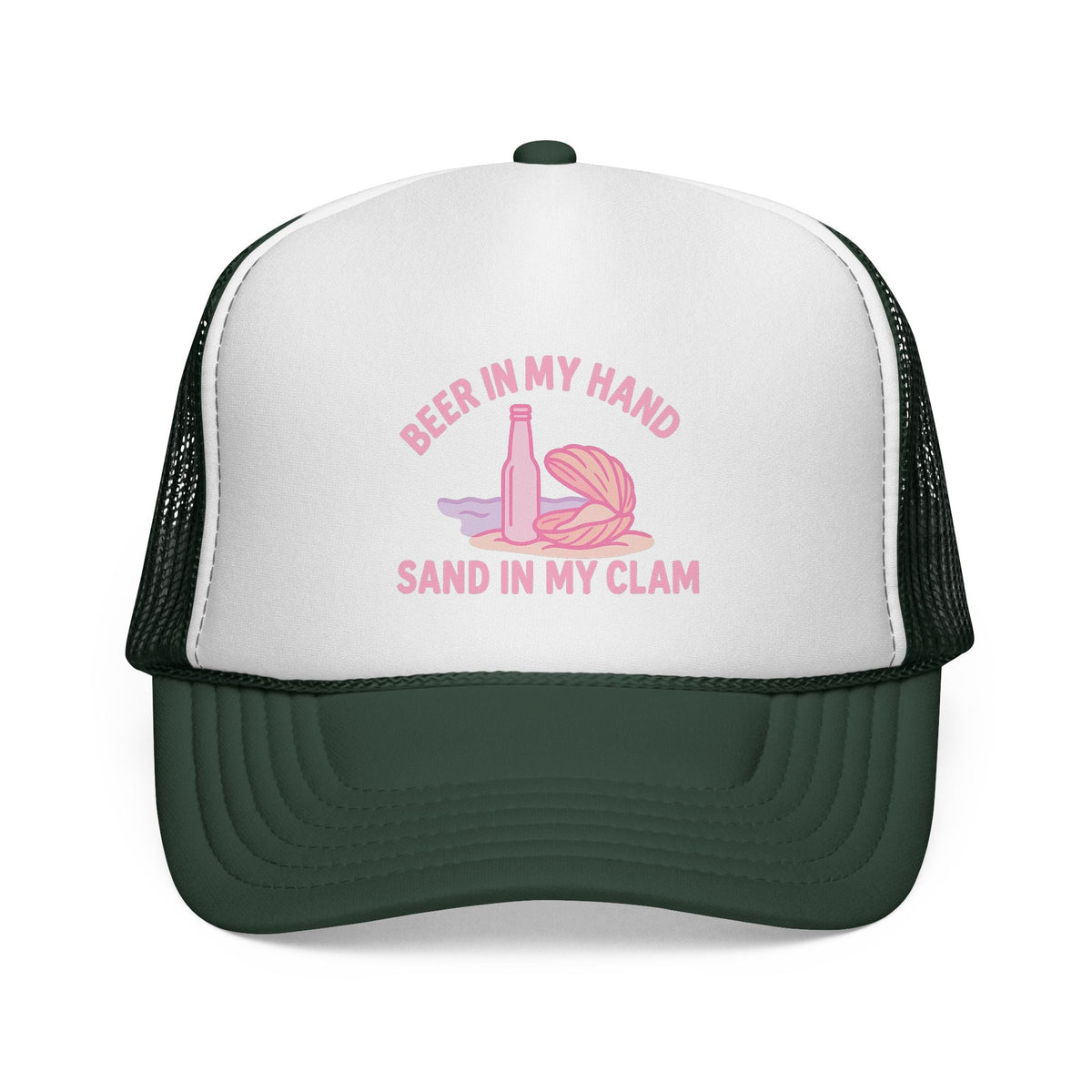 Dark Green Beer in My Hand, Sand in My Clam Hat, pink bottle and clam shell print, front view of the printed panel