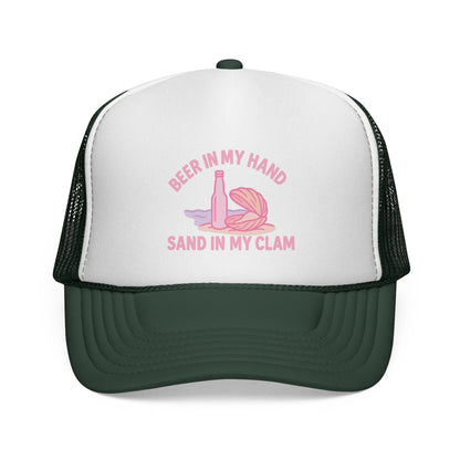 Dark Green Beer in My Hand, Sand in My Clam Hat, pink bottle and clam shell print, front view of the printed panel