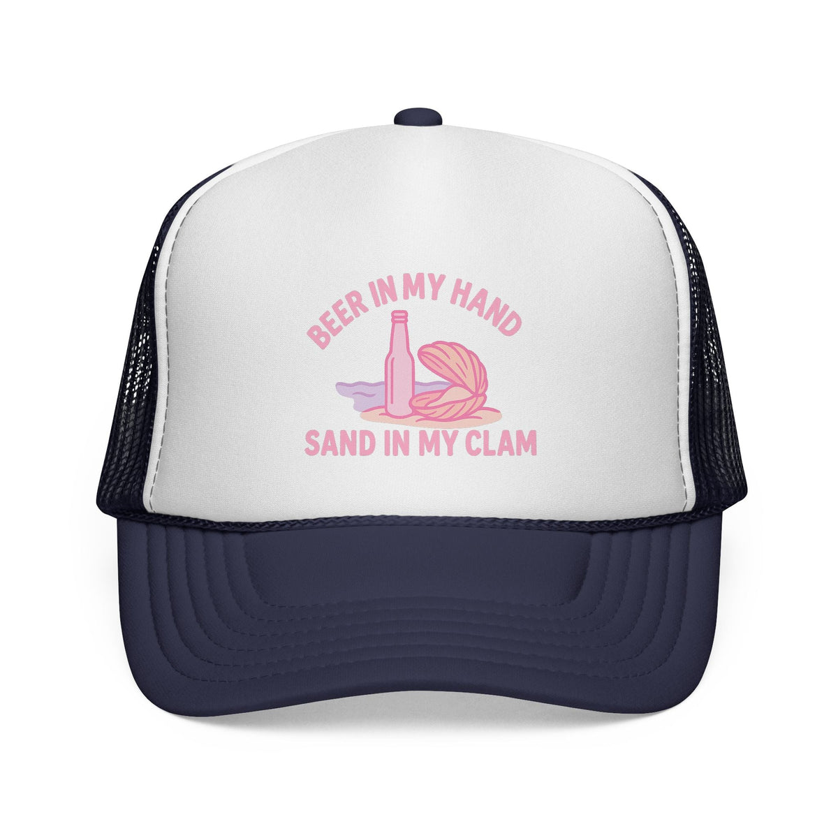 Dark Navy Beer in My Hand, Sand in My Clam Hat, pink bottle and clam shell print, front view of the printed panel