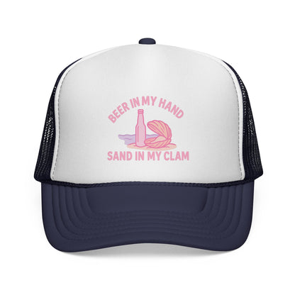 Dark Navy Beer in My Hand, Sand in My Clam Hat, pink bottle and clam shell print, front view of the printed panel