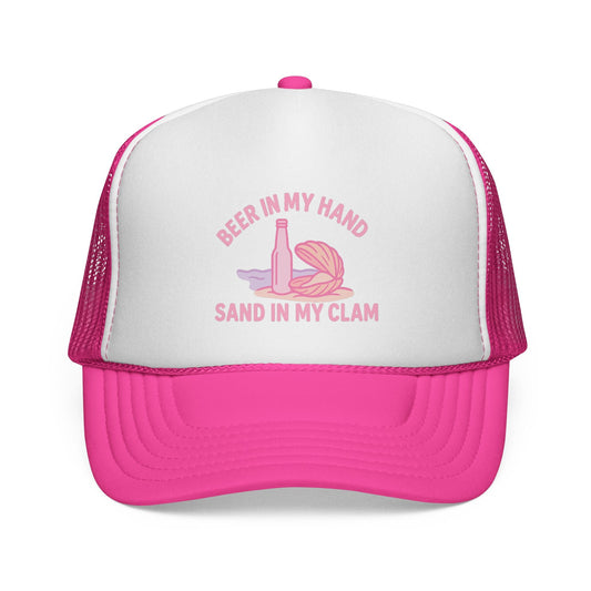 Pink Beer in My Hand, Sand in My Clam Hat, pink bottle and clam shell print, front view of the printed panel