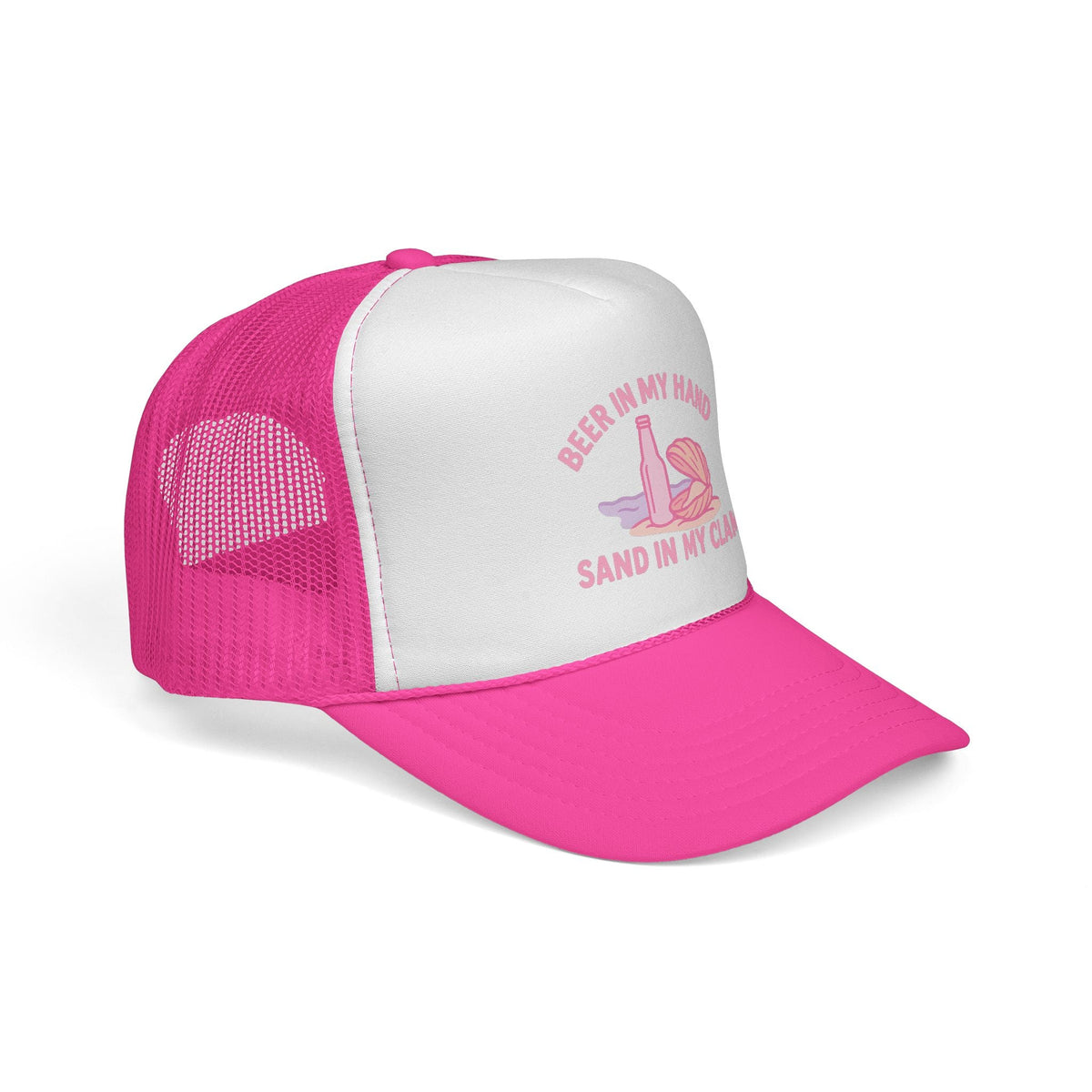 Pink Beer in My Hand, Sand in My Clam Hat, pink bottle and clam shell print, side view showing the curved brim