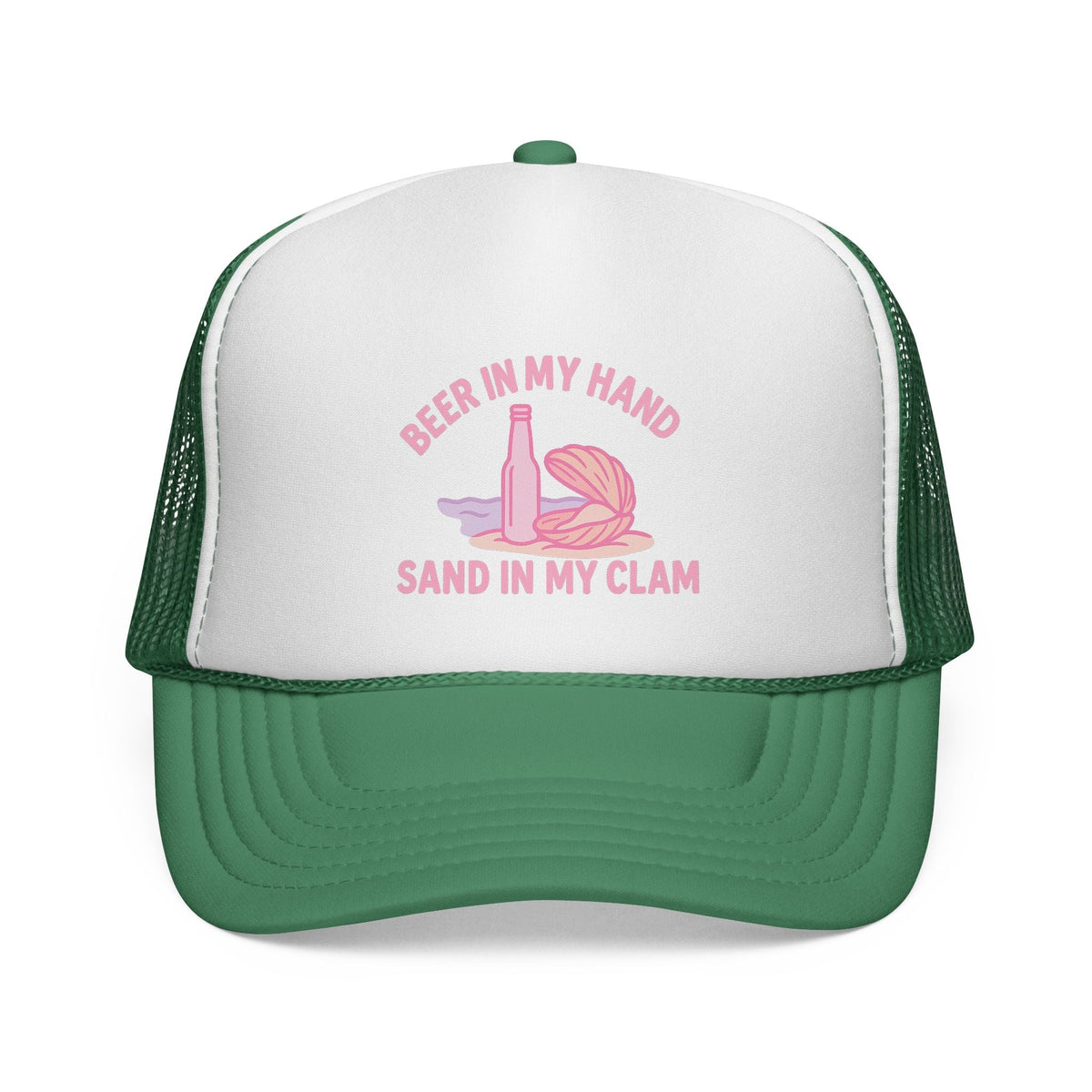 Green Beer in My Hand, Sand in My Clam Hat, pink bottle and clam shell print, front view of the printed panel
