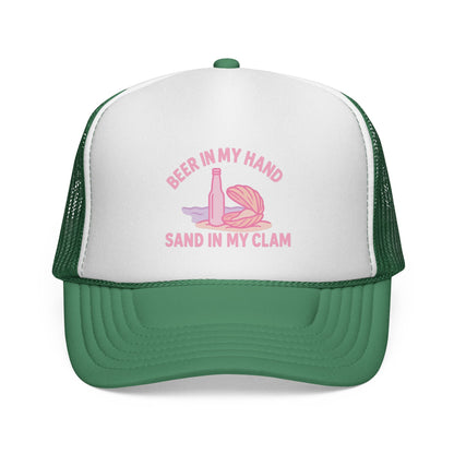 Green Beer in My Hand, Sand in My Clam Hat, pink bottle and clam shell print, front view of the printed panel