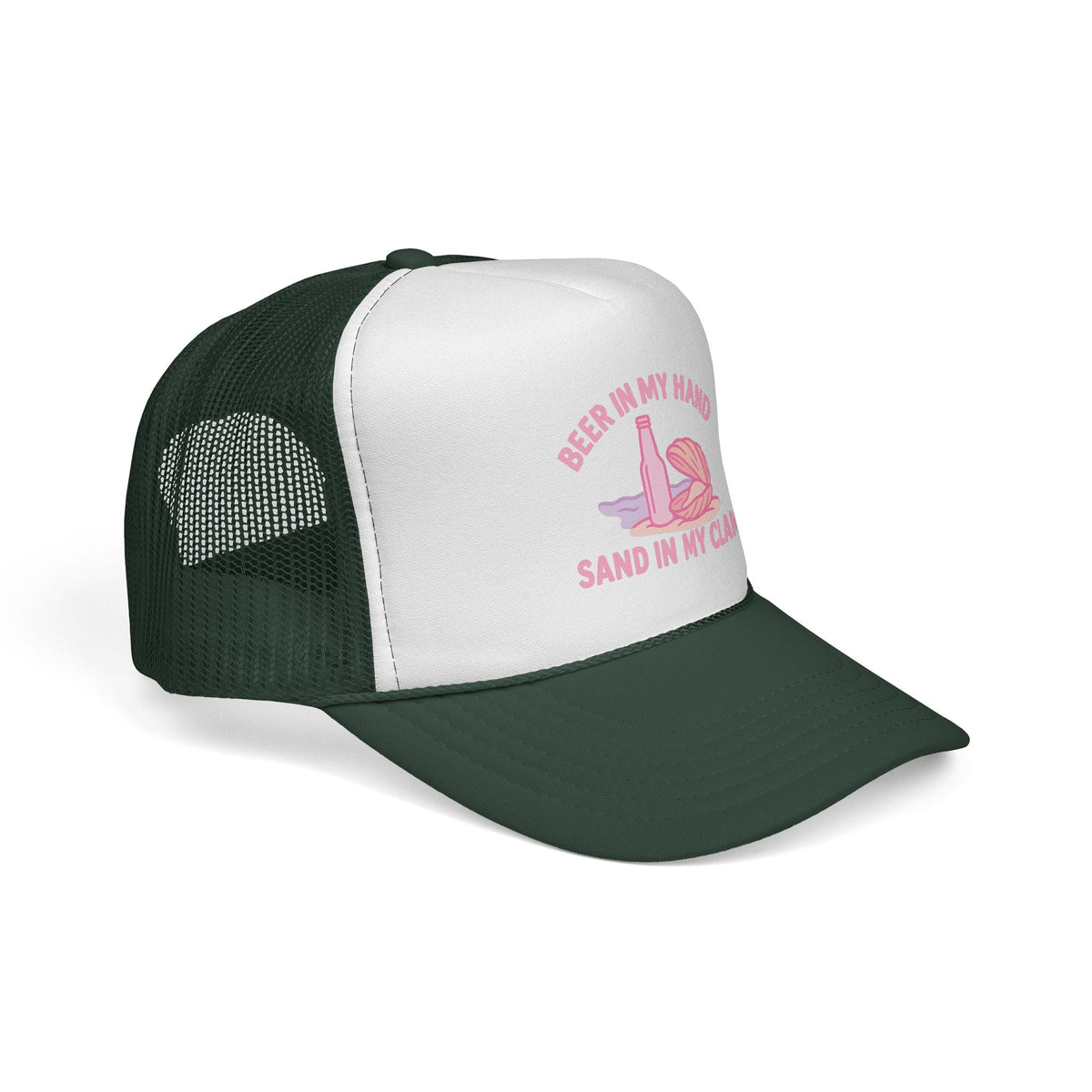 Dark Green Beer in My Hand, Sand in My Clam Hat, pink bottle and clam shell print, side view showing the curved brim