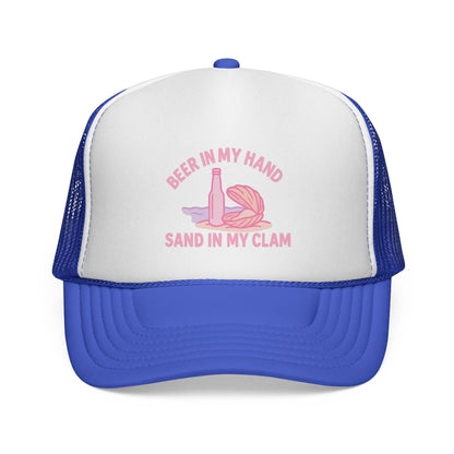 Royal Beer in My Hand, Sand in My Clam Hat, pink bottle and clam shell print, front view of the printed panel