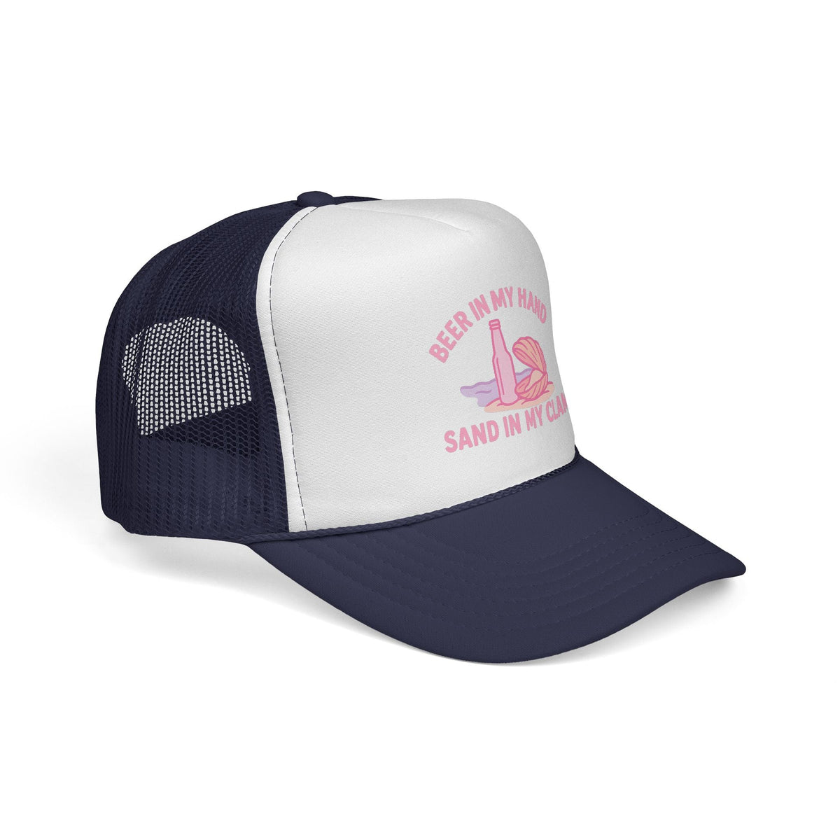 Dark Navy Beer in My Hand, Sand in My Clam Hat, pink bottle and clam shell print, side view showing the curved brim