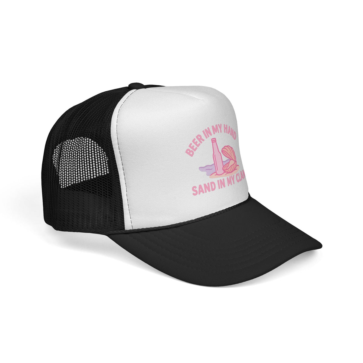 Black Beer in My Hand, Sand in My Clam Hat, pink bottle and clam shell print, side view showing the curved brim
