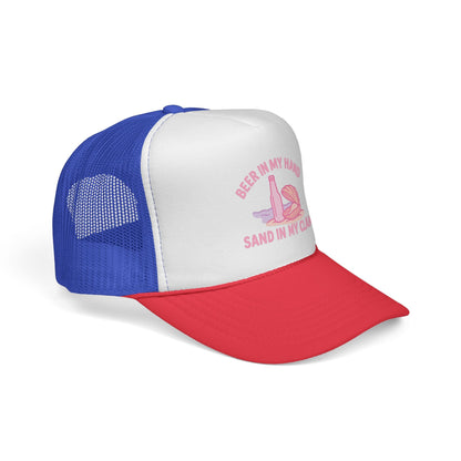 Blue and Red Beer in My Hand, Sand in My Clam Hat, pink bottle and clam shell print, side view showing the curved brim