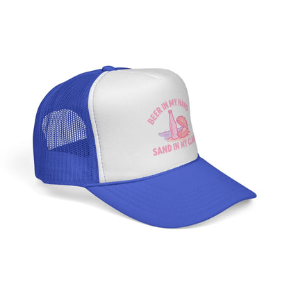 Royal Beer in My Hand, Sand in My Clam Hat, pink bottle and clam shell print, side view showing the curved brim