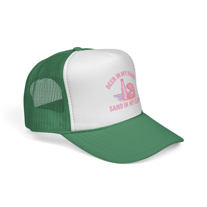 Green Beer in My Hand, Sand in My Clam Hat, pink bottle and clam shell print, side view showing the curved brim