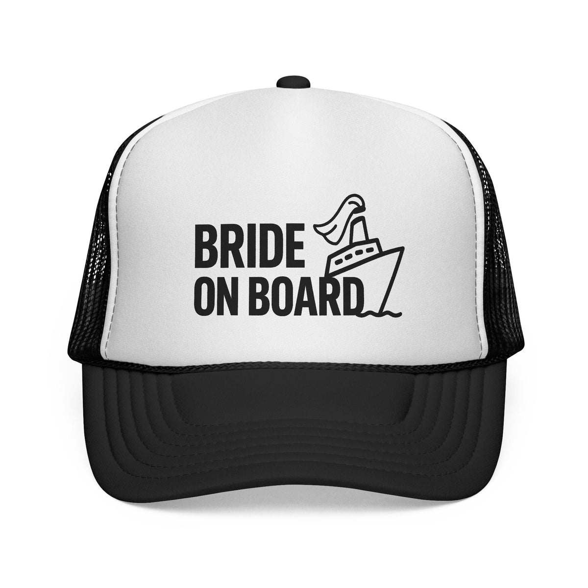 Black Bride On Board Trucker Hat, front view of the printed panel