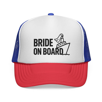 Blue and Red Bride On Board Trucker Hat, front view of the printed panel