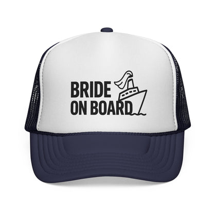 Dark Navy Bride On Board Trucker Hat, front view of the printed panel