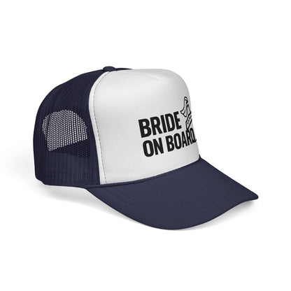 Dark Navy Bride On Board Trucker Hat, side view showing the curved brim