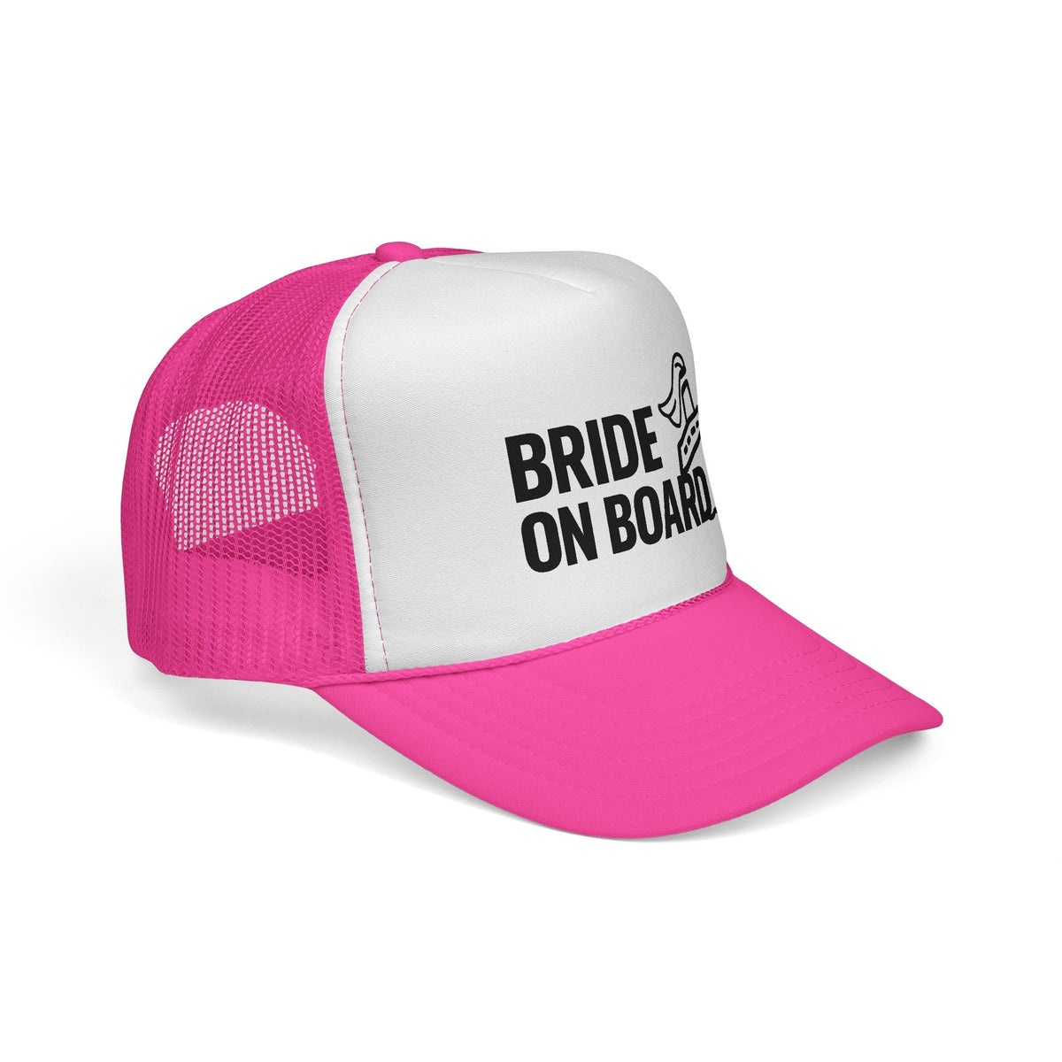 Pink Bride On Board Trucker Hat, side view showing the curved brim