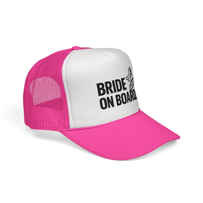 Pink Bride On Board Trucker Hat, side view showing the curved brim