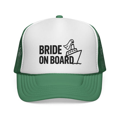 Green Bride On Board Trucker Hat, front view of the printed panel