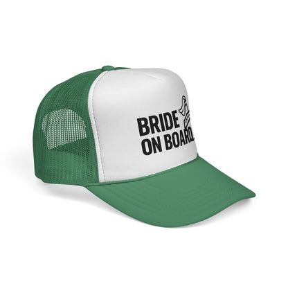 Green Bride On Board Trucker Hat, side view showing the curved brim