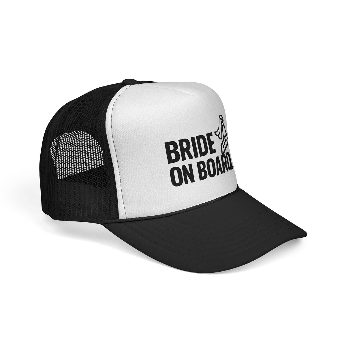 Black Bride On Board Trucker Hat, side view showing the curved brim