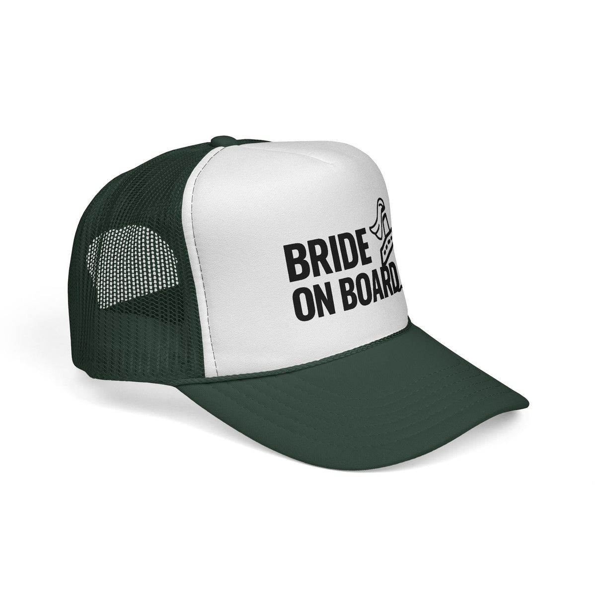 Dark Green Bride On Board Trucker Hat, side view showing the curved brim