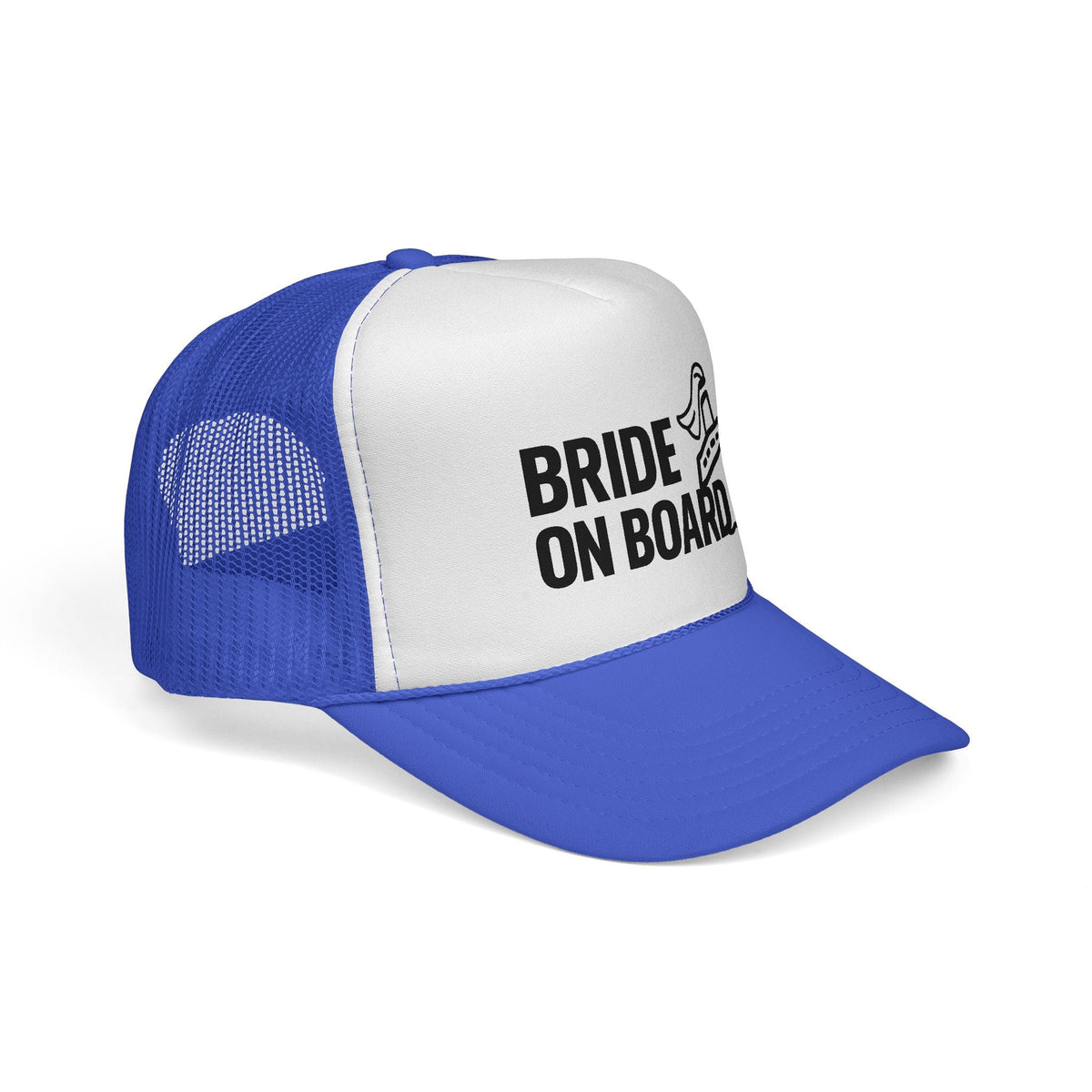 Royal Bride On Board Trucker Hat, side view showing the curved brim