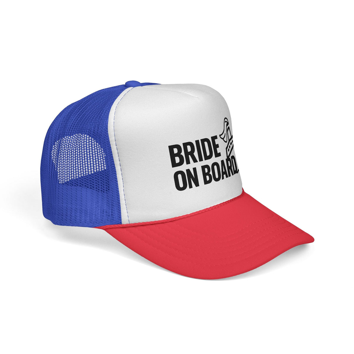Blue and Red Bride On Board Trucker Hat, side view showing the curved brim
