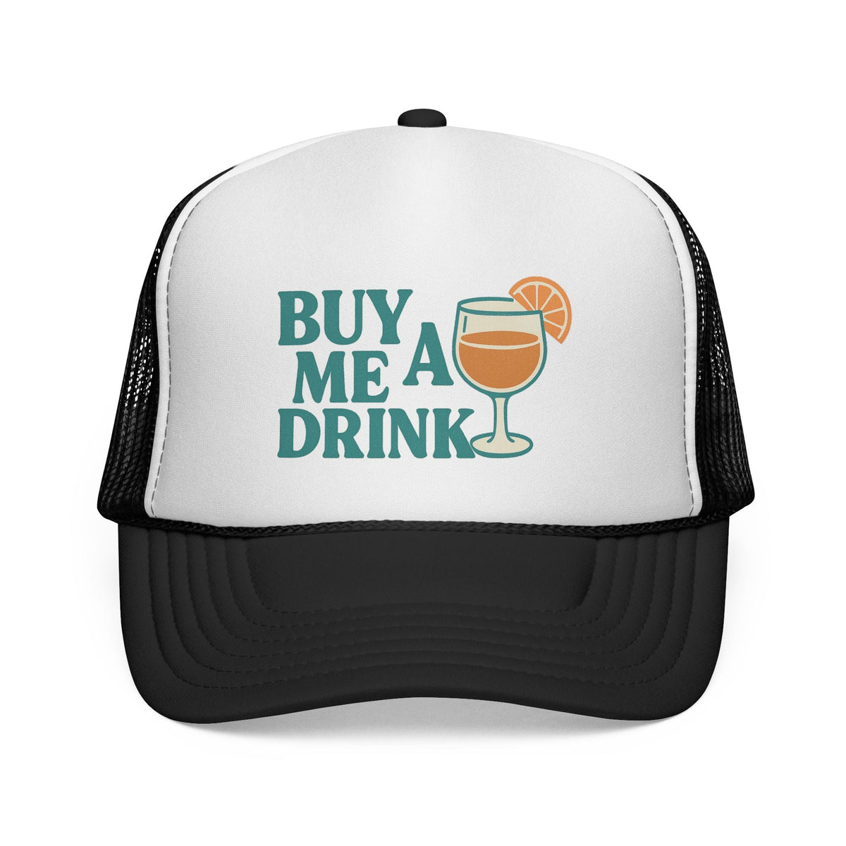 Black Buy Me a Drink Trucker Hat, front view of the printed panel