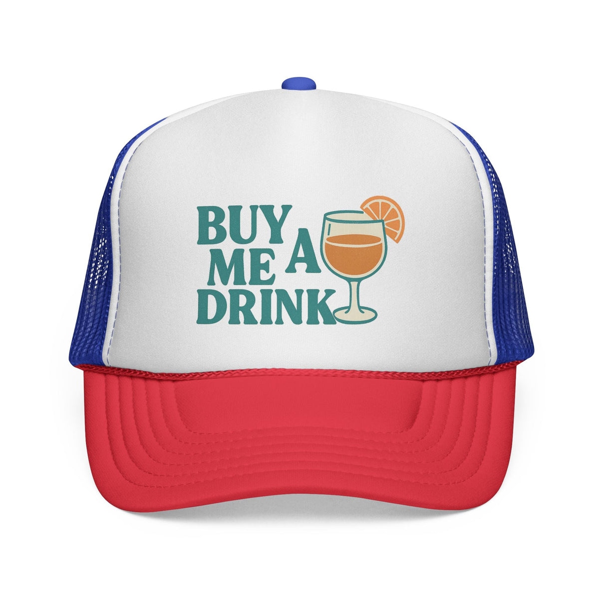 Blue and Red Buy Me a Drink Trucker Hat, front view of the printed panel