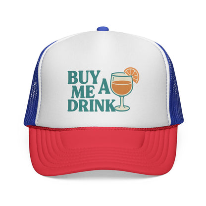 Blue and Red Buy Me a Drink Trucker Hat, front view of the printed panel