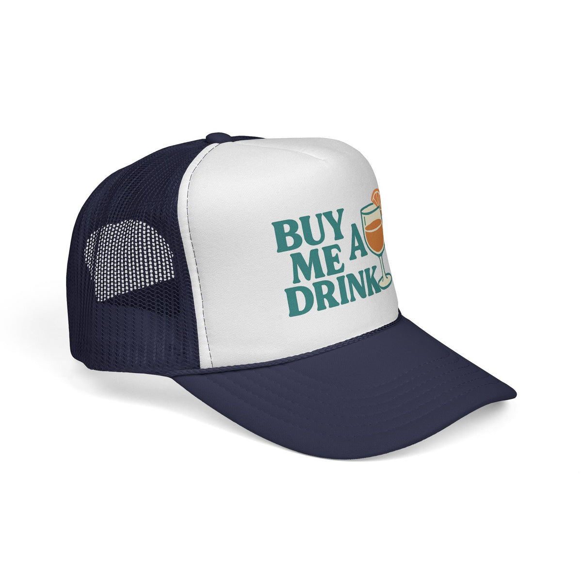 Dark Navy Buy Me a Drink Trucker Hat, side view showing the curved brim