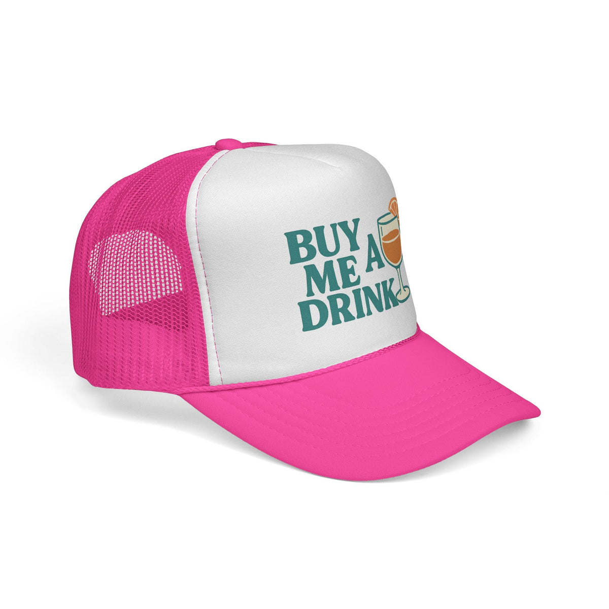 Pink Buy Me a Drink Trucker Hat, side view showing the curved brim