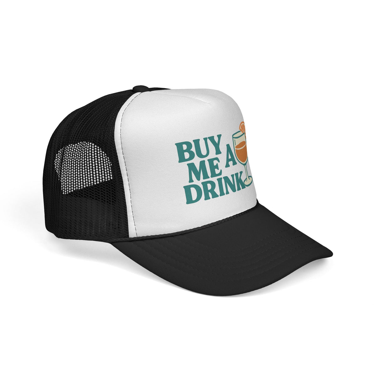 Black Buy Me a Drink Trucker Hat, side view showing the curved brim