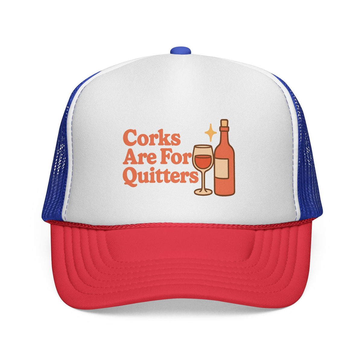Blue and Red Corks Are For Quitters Hat, front view of the printed panel