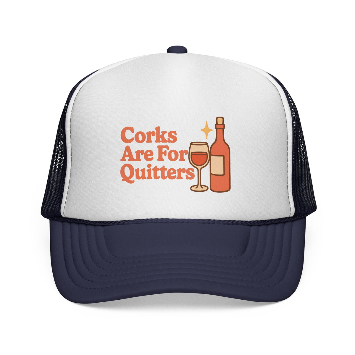 Dark Navy Corks Are For Quitters Hat, front view of the printed panel