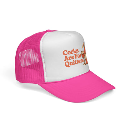 Pink Corks Are For Quitters Hat, side view showing the curved brim