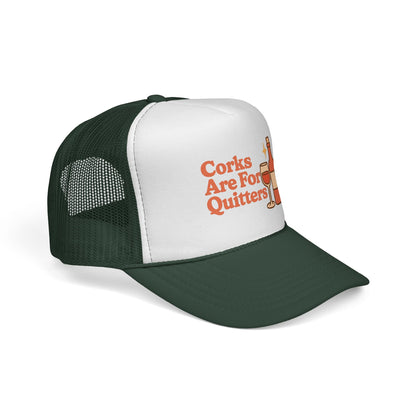 Dark Green Corks Are For Quitters Hat, side view showing the curved brim